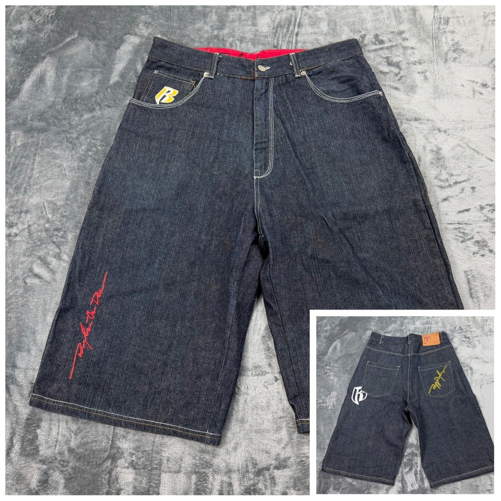 Vintage Ruff Ryders Baggy Denim Shorts Mens 34 Dark Wash Embroidered Hip Hop 90s